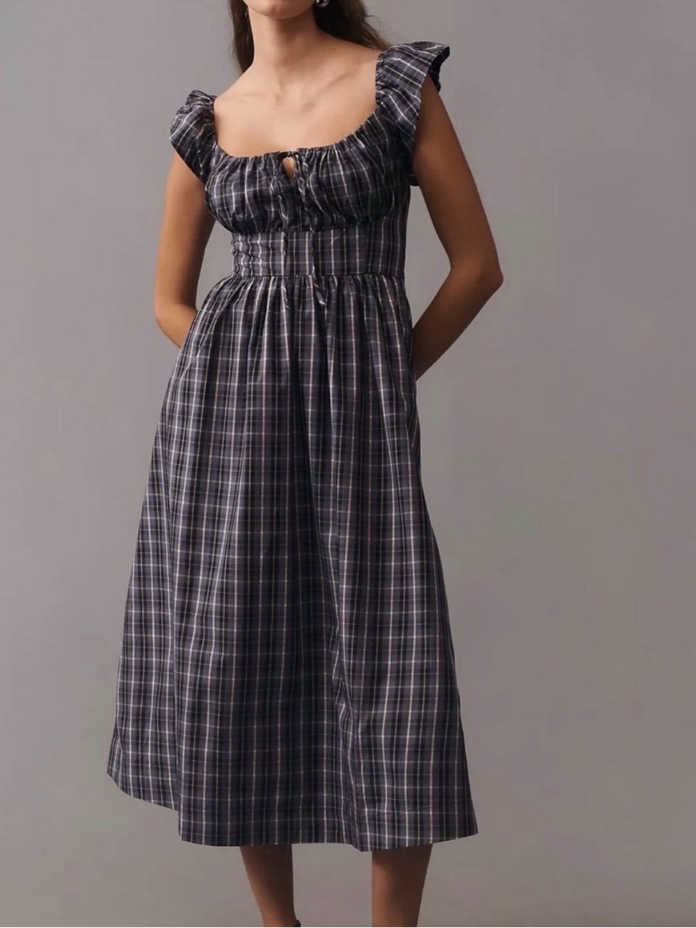 NWT- Anthropologie Navy Plaid Ruffle-Sleeve Dress
